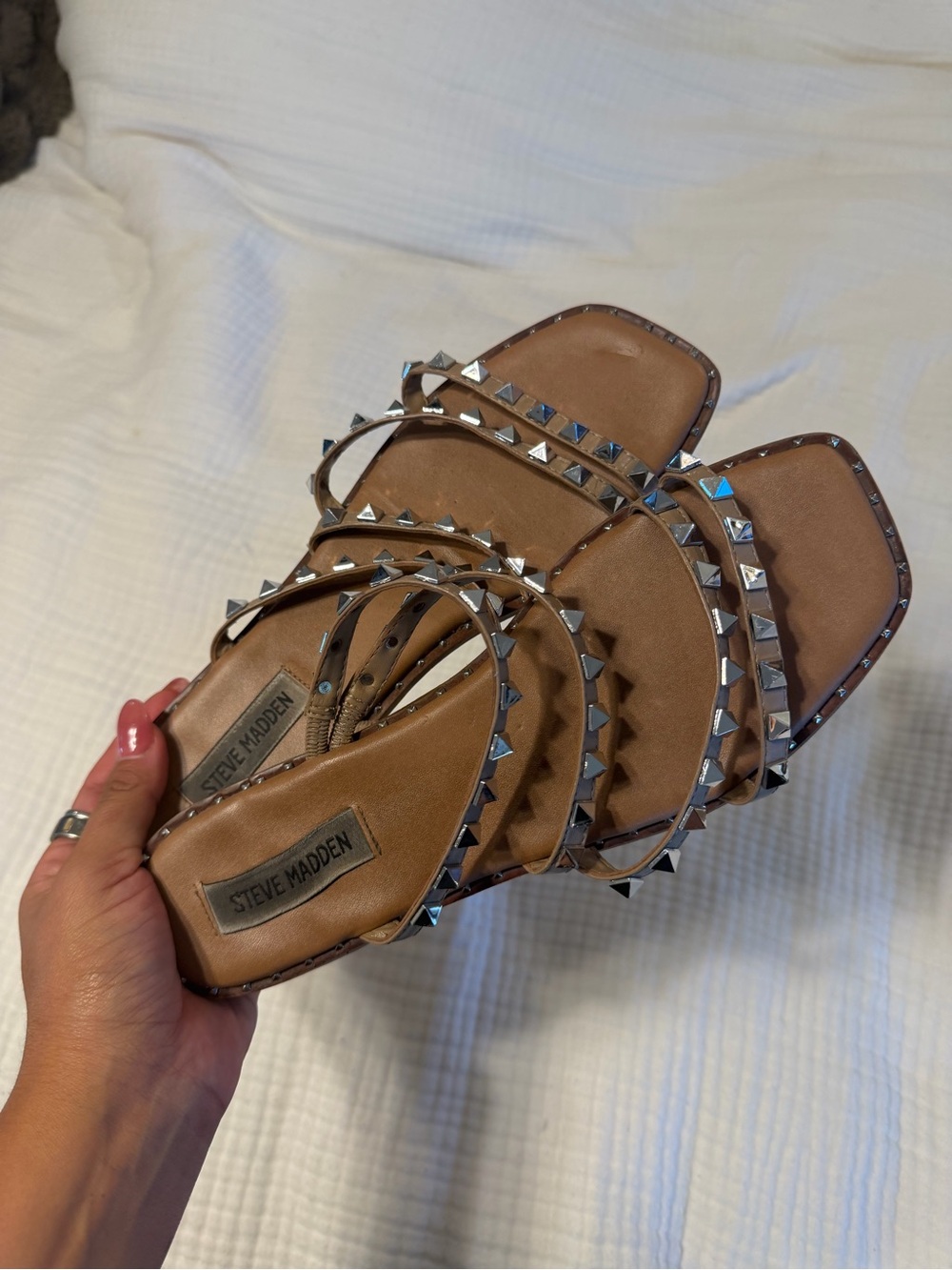 Steve Madden Tan Pyramid Stud Leather Slide Sandals